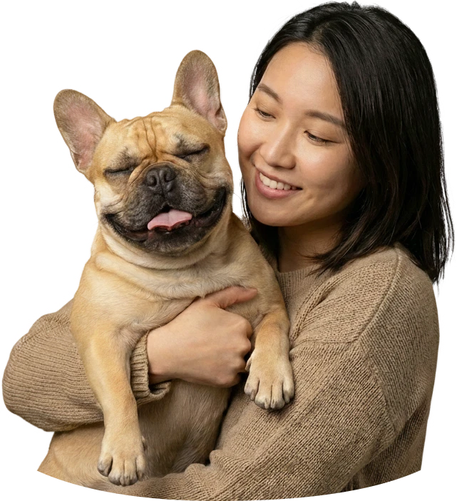 Happy pet owner holding their French Bulldog, demonstrating caring pet ownership and the bond between pets and their parents